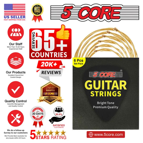 5 Core Acoustic Guitar 6 String Set Medium Gauge Steel Carbon Core Bright Powerful Tone Heavy Duty - GS AC BRSS HD