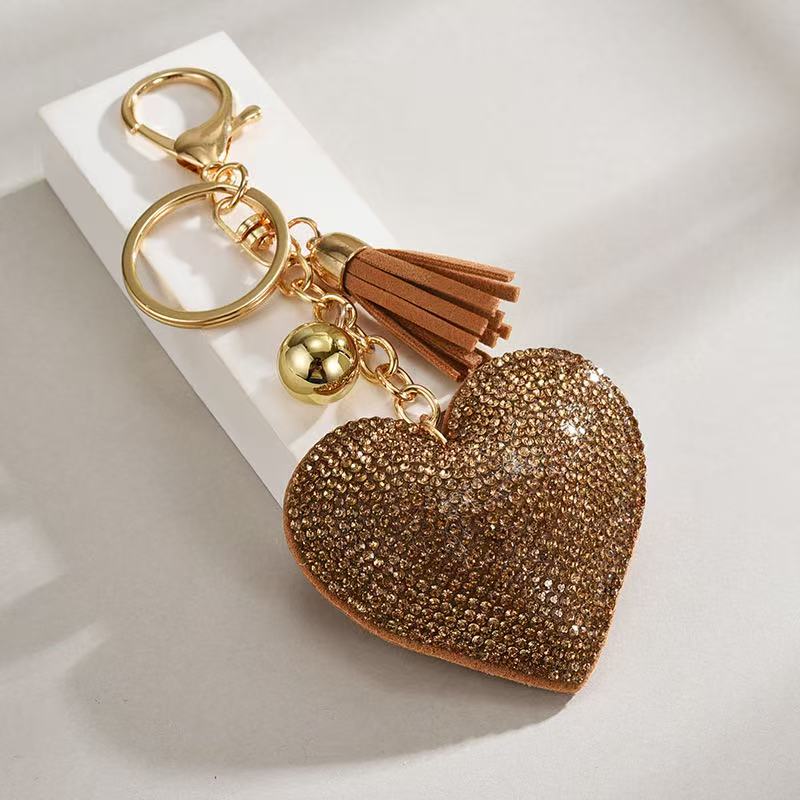 Heart-shaped Rhinestone Leather Keychain With Tassels