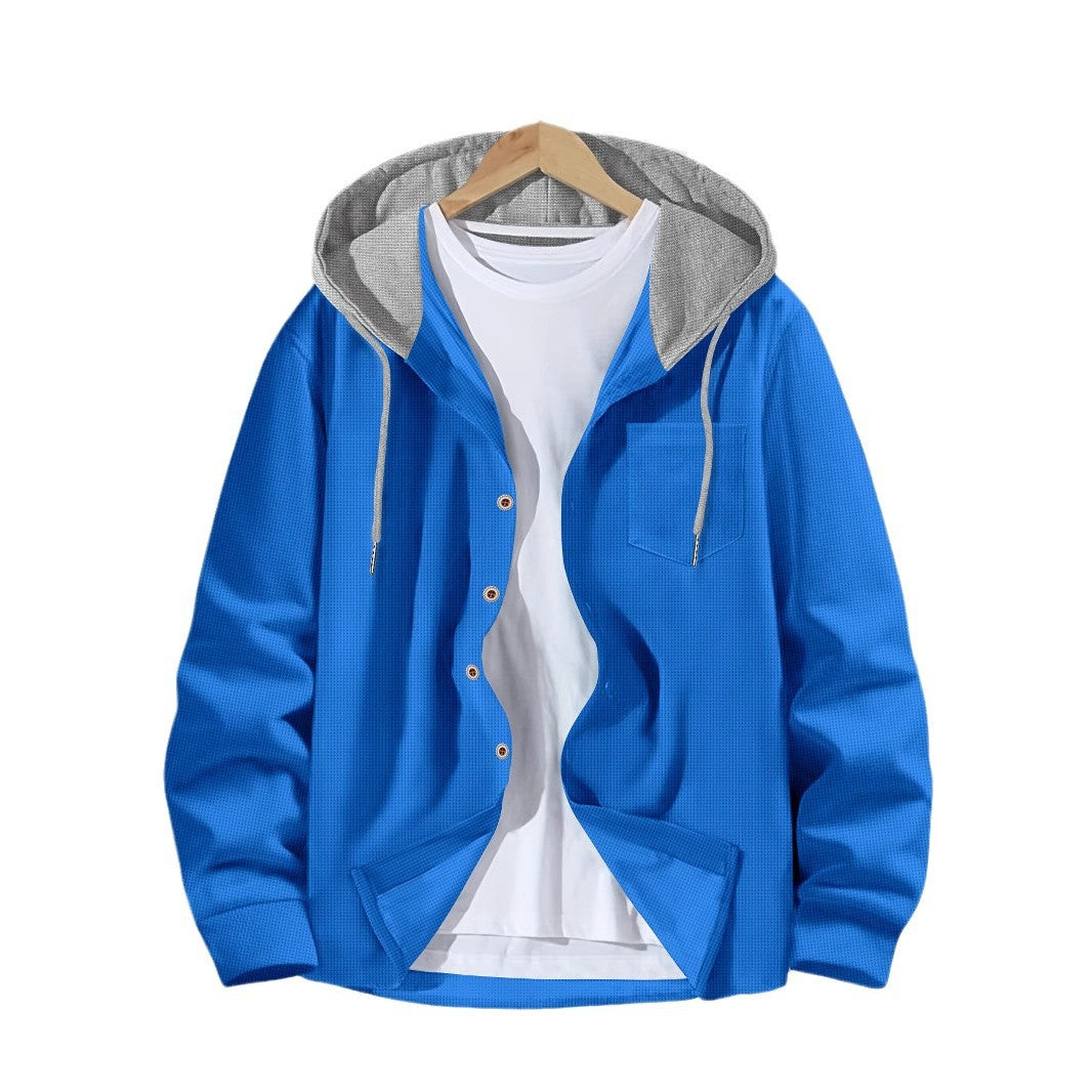 Men's Waffle-Weave Colorblock Button-Front Hooded Casual Cardigan Coat