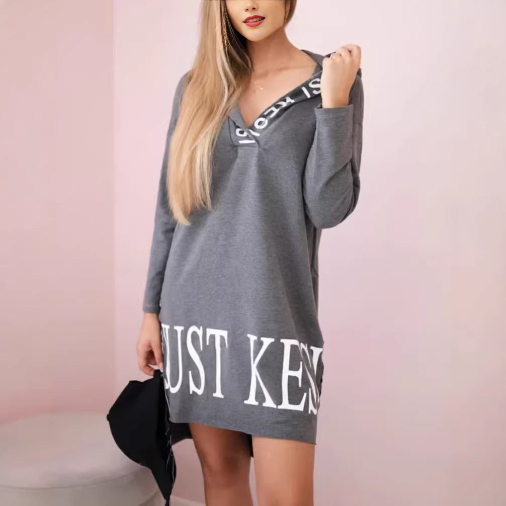 Womens Hooded Sporty Chic Casual Solid-Color Printed Dress