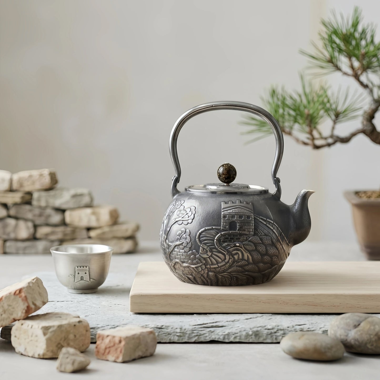 925 Sterling Silver Elegant  Teapot with Castle and Nature Motifs-Fine large teapot - Handicraft