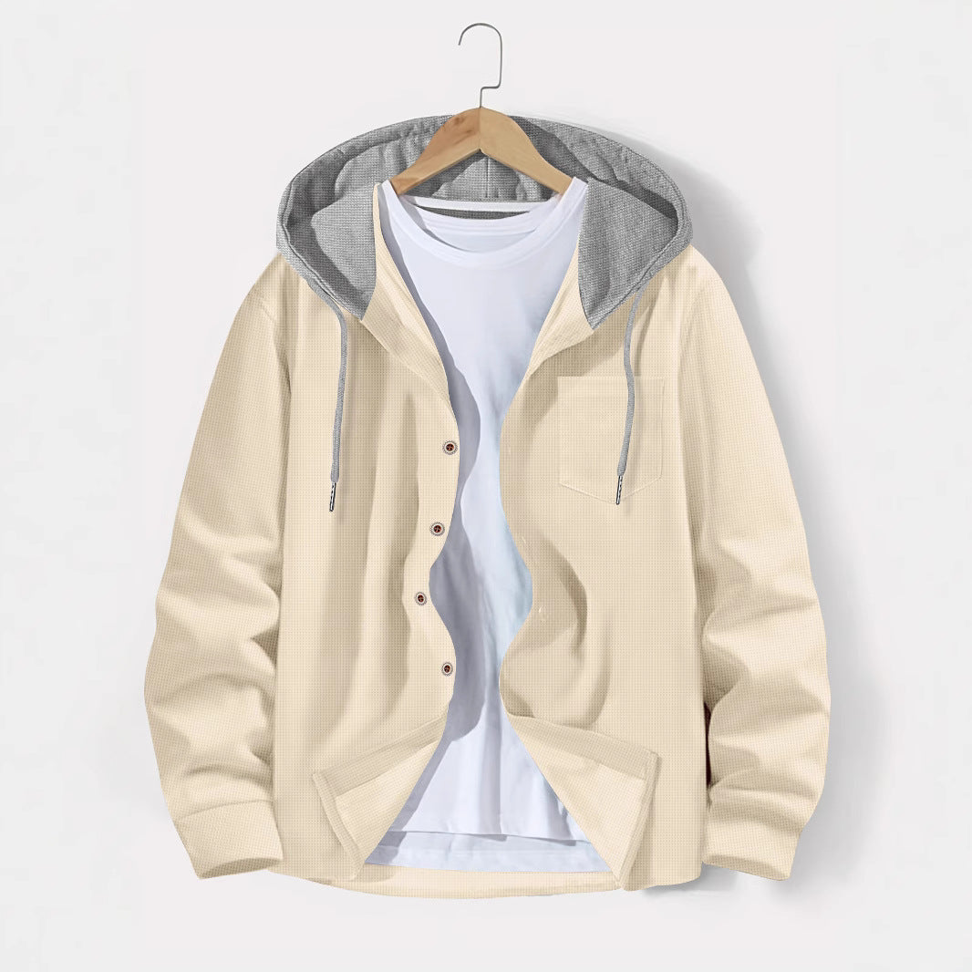 Men's Waffle-Weave Colorblock Button-Front Hooded Casual Cardigan Coat
