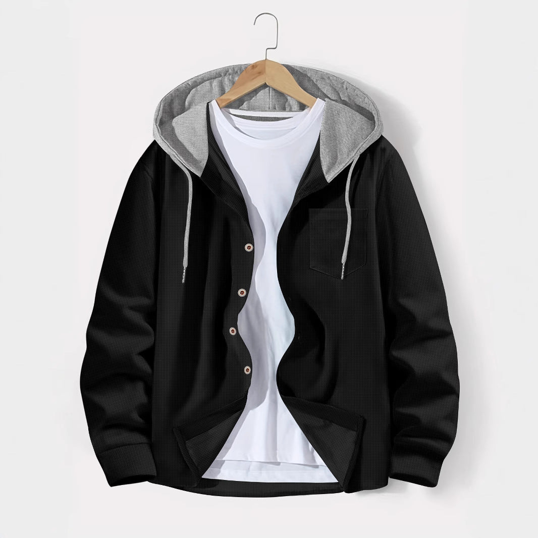 Men's Waffle-Weave Colorblock Button-Front Hooded Casual Cardigan Coat