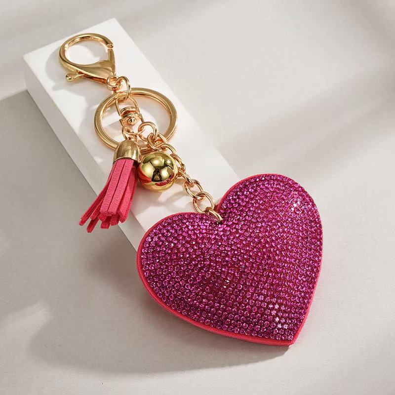 Heart-shaped Rhinestone Leather Keychain With Tassels