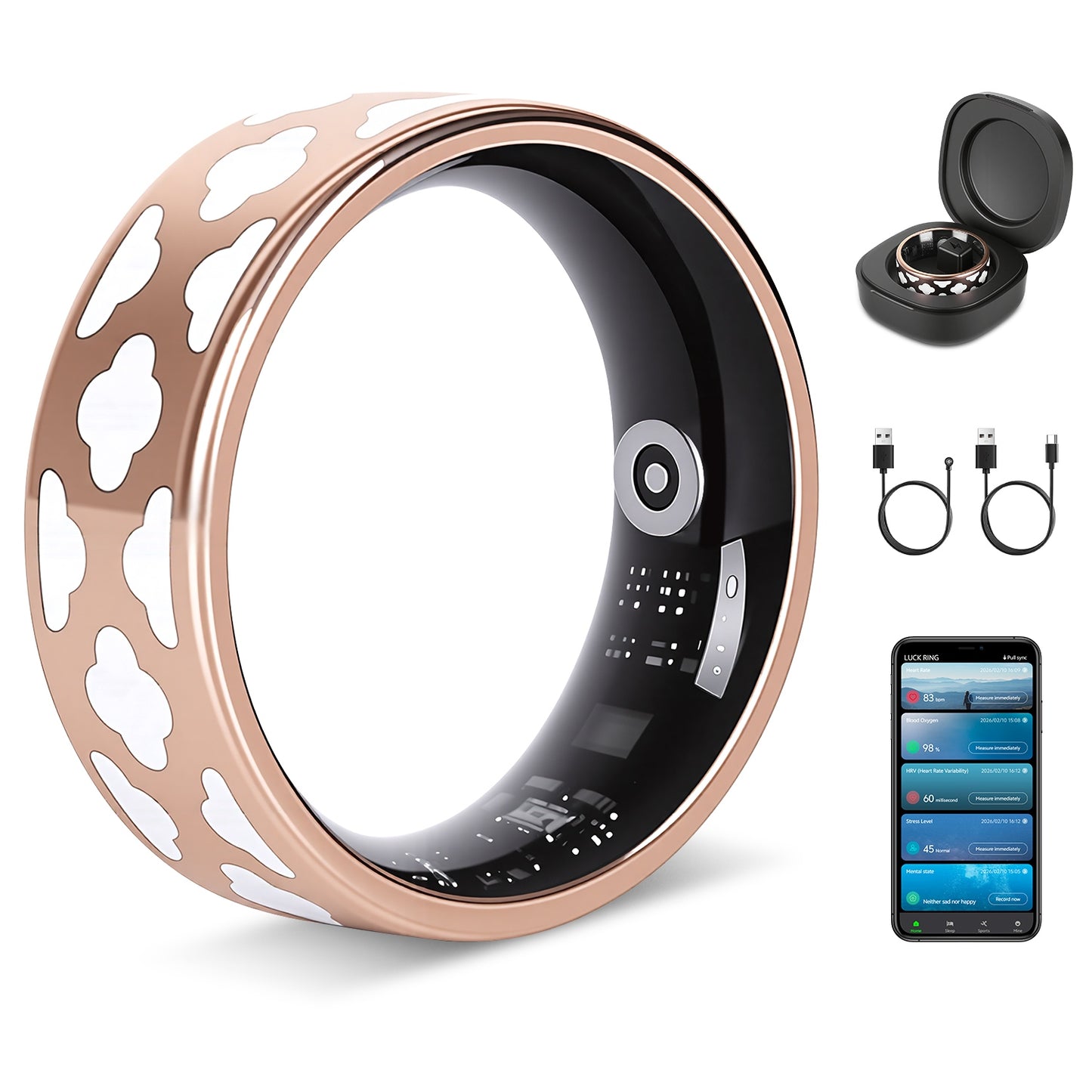 Smart Ring Health Tracker Fitness Sleep Stress HRV Tracker With Charging Case Magnetic Charging Cable For Women & Men Compatible With IOS & Android 7-Day Battery Life Size 7 Size 8 Size9 Size10