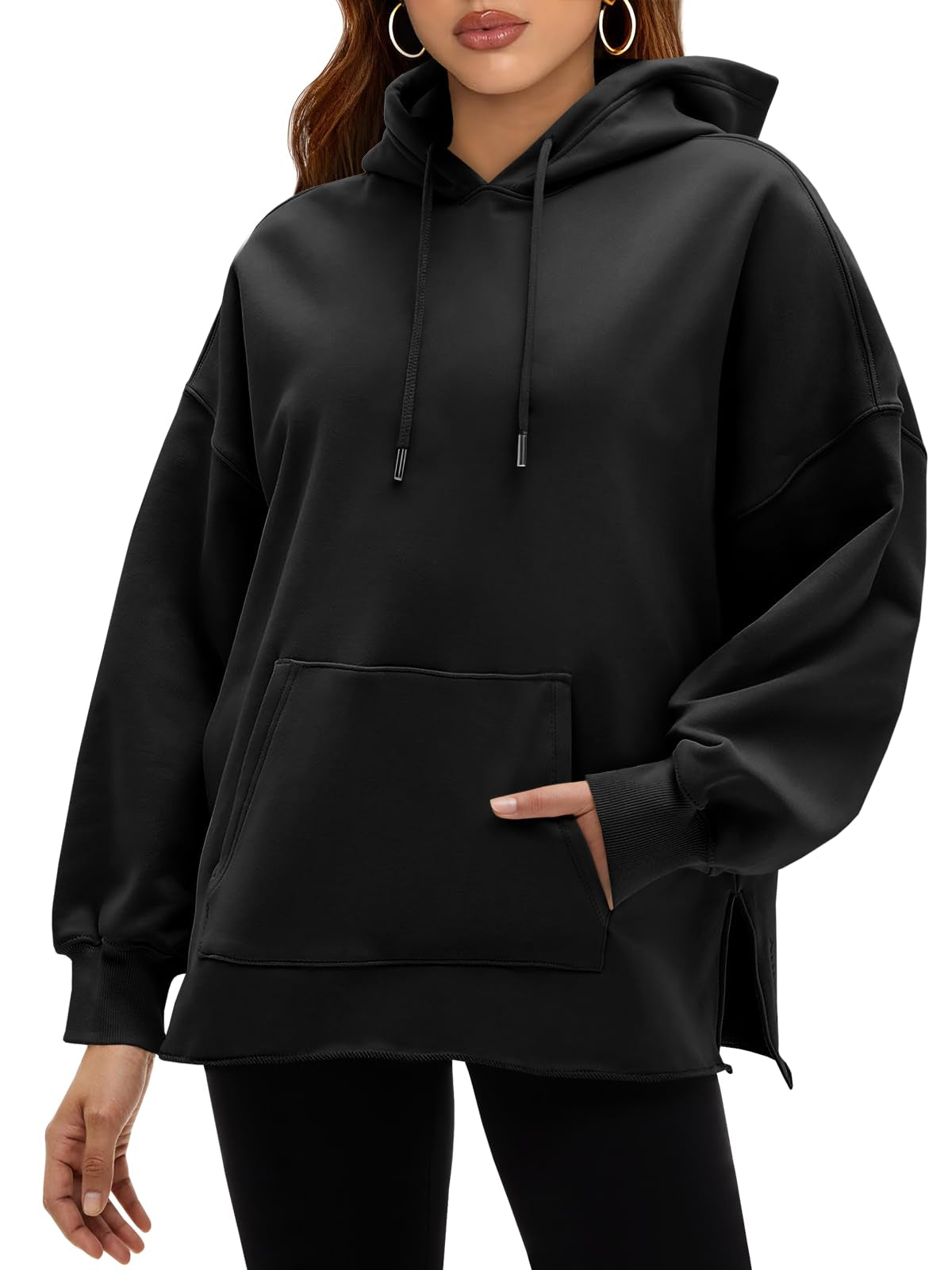 Fisoew Women's Hoodies Oversized Sweatshirts Casual Long Sleeve Side Slit Pullover Tops Fall Winter Outfits With Pocket