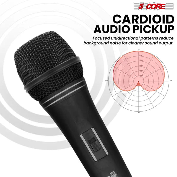 5 CORE Professional Dynamic Vocal Microphone Neodymium Cardioid Unidirectional Handheld Mic For Singing Karaoke Steel Mesh Grille Metal Body With ON Off Switch + 16ft Detachable Cable + Clip + Bag