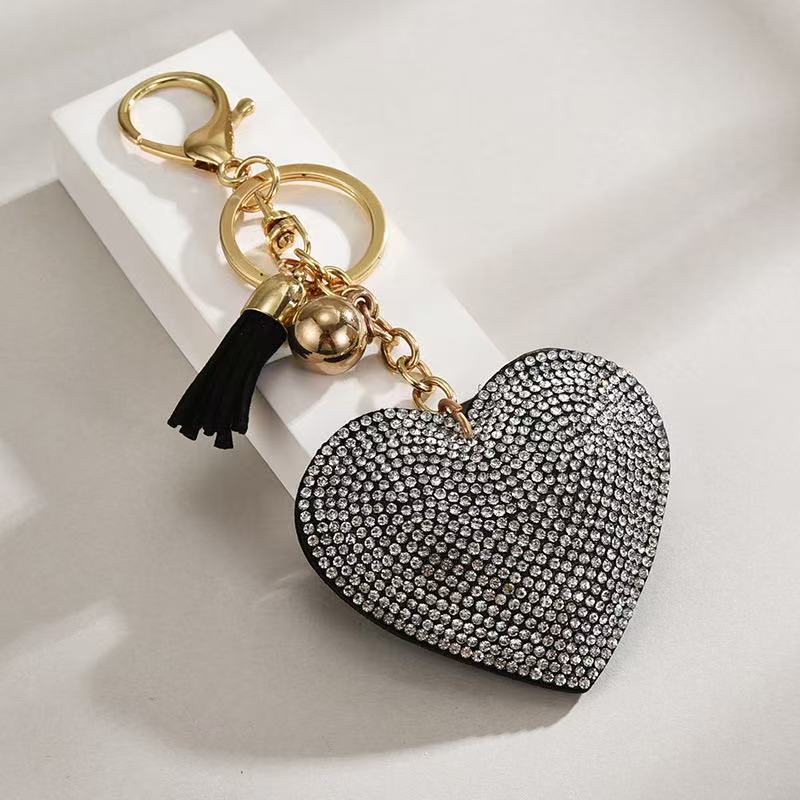 Heart-shaped Rhinestone Leather Keychain With Tassels