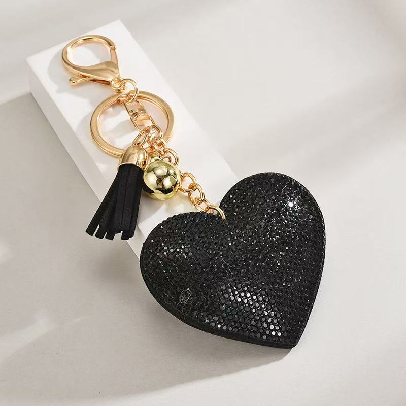 Heart-shaped Rhinestone Leather Keychain With Tassels