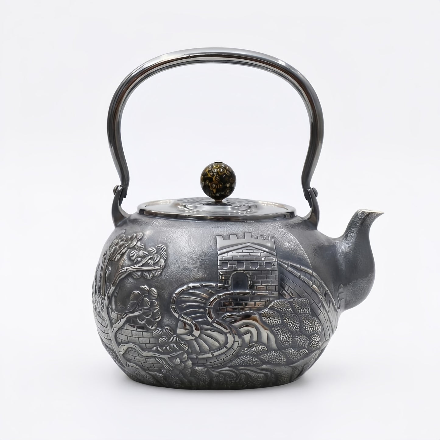 925 Sterling Silver Elegant  Teapot with Castle and Nature Motifs-Fine large teapot - Handicraft