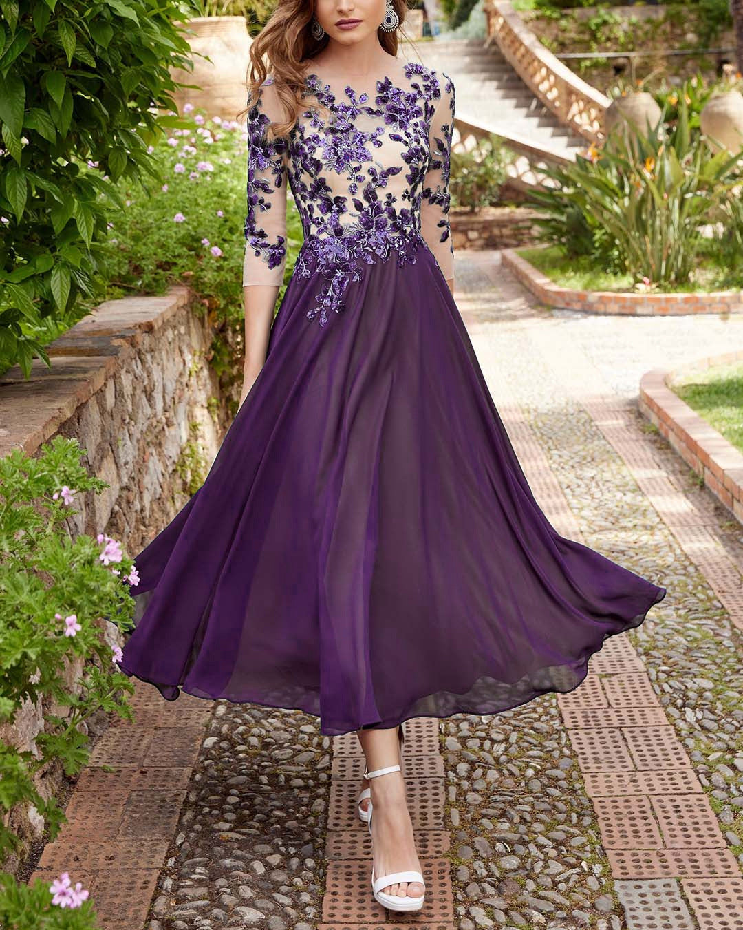 Decal Chiffon Lace Patchwork Long Dress