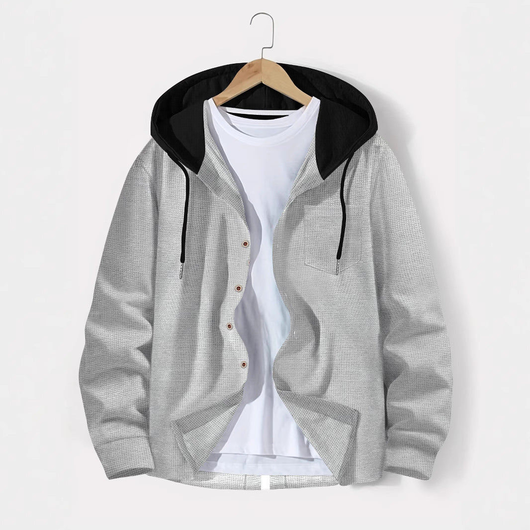 Men's Waffle-Weave Colorblock Button-Front Hooded Casual Cardigan Coat