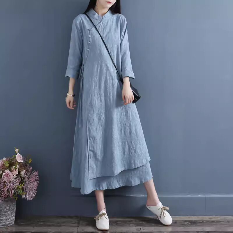 Buttoned Cotton And Linen Dress For Women