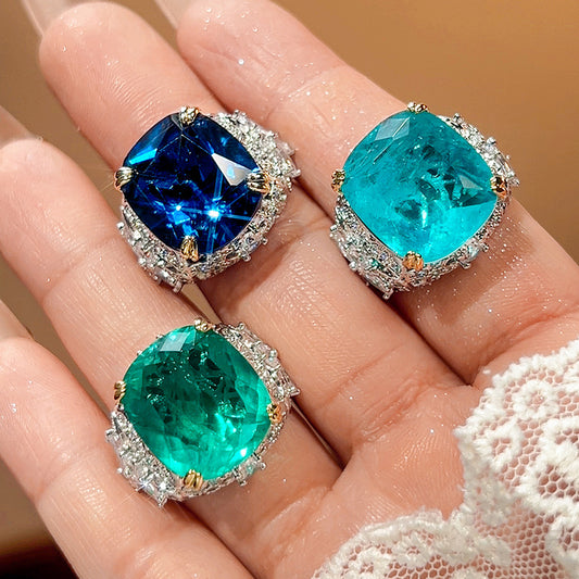 2026 New Zircon Ring For Women, Rectangular Simulated Sapphire & Paraiba Tourmaline, High-End Luxury Jewelry