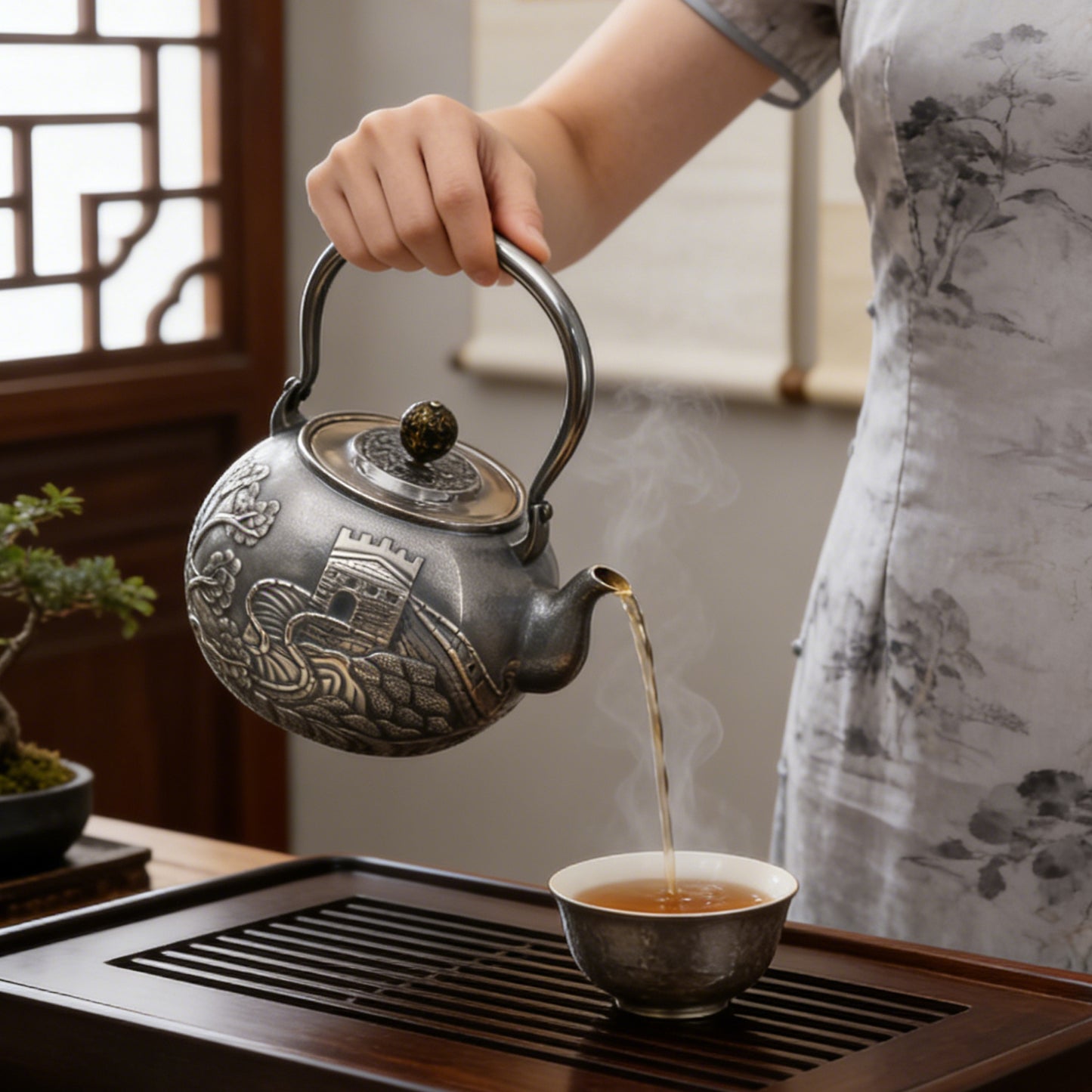 925 Sterling Silver Elegant  Teapot with Castle and Nature Motifs-Fine large teapot - Handicraft