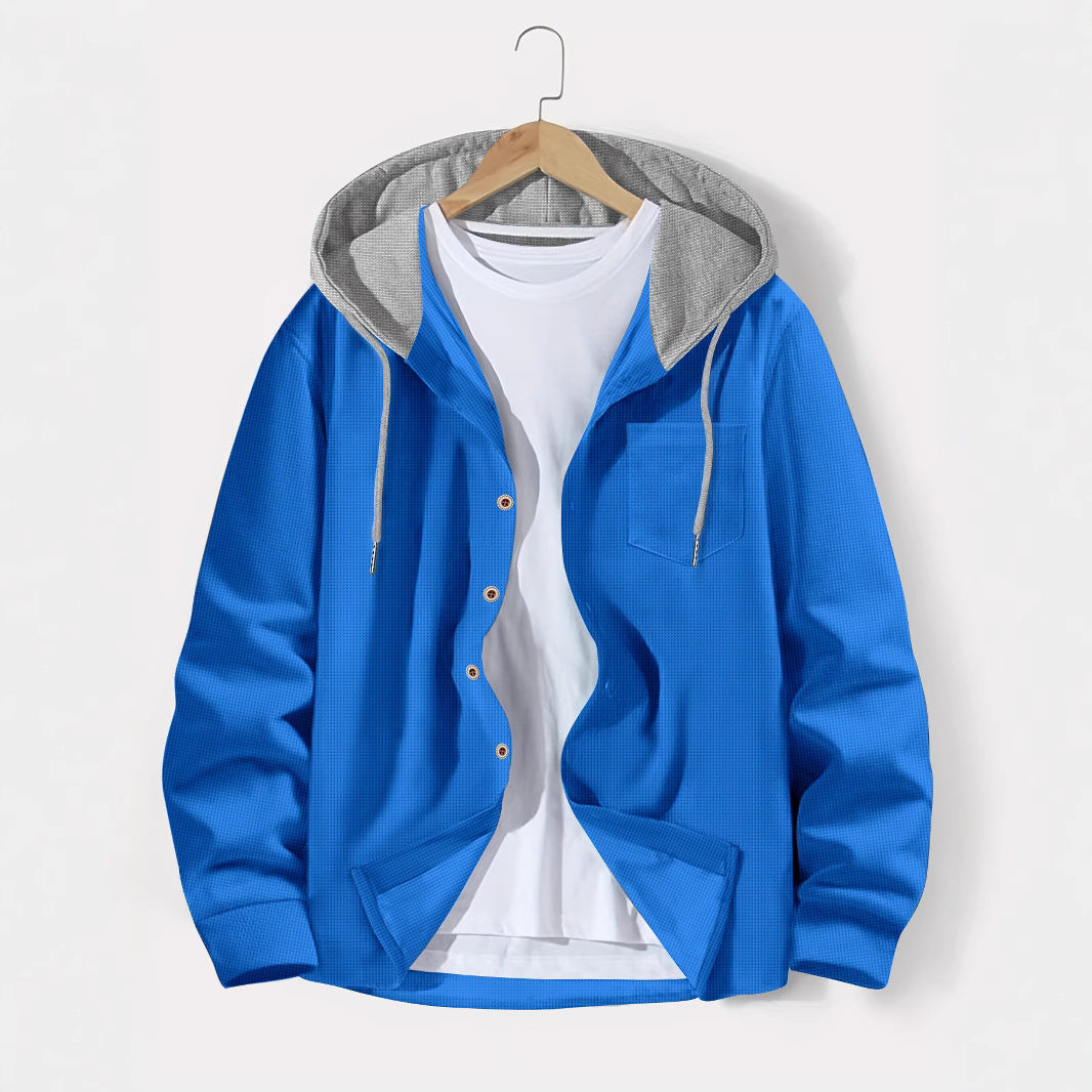 Men's Waffle-Weave Colorblock Button-Front Hooded Casual Cardigan Coat