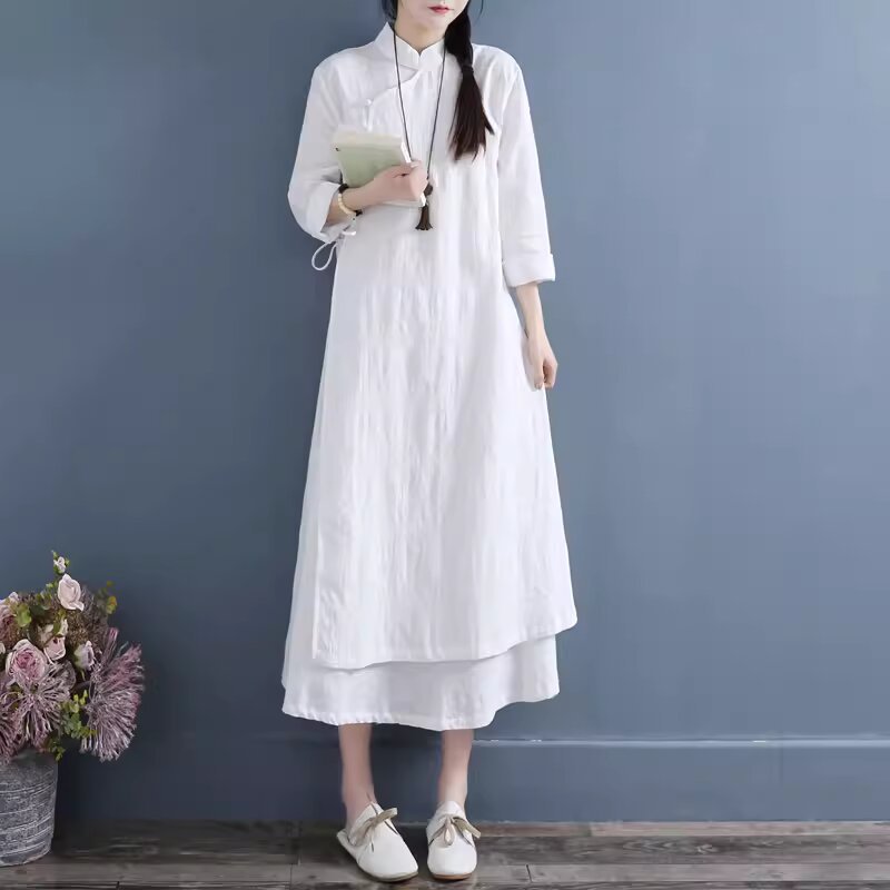 Buttoned Cotton And Linen Dress For Women