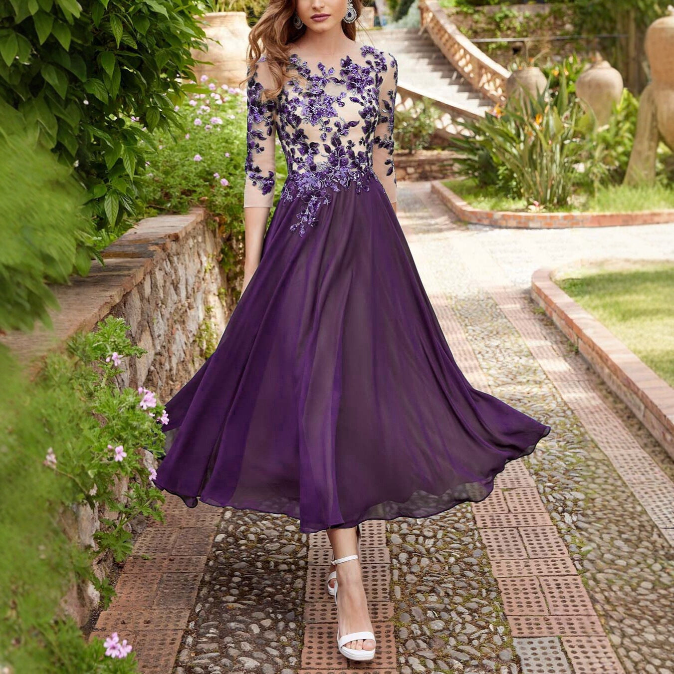 Decal Chiffon Lace Patchwork Long Dress