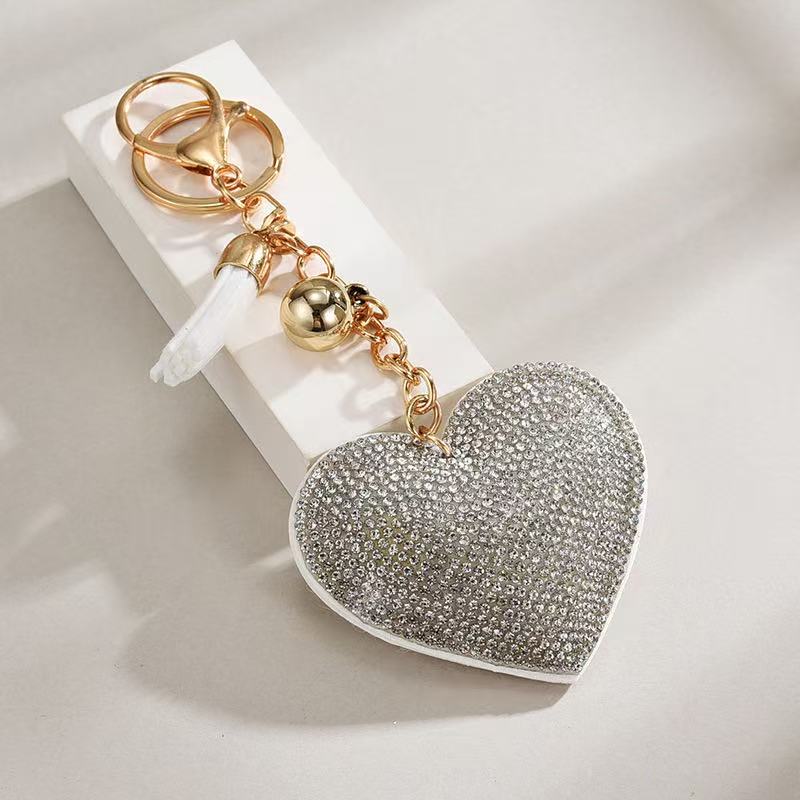 Heart-shaped Rhinestone Leather Keychain With Tassels