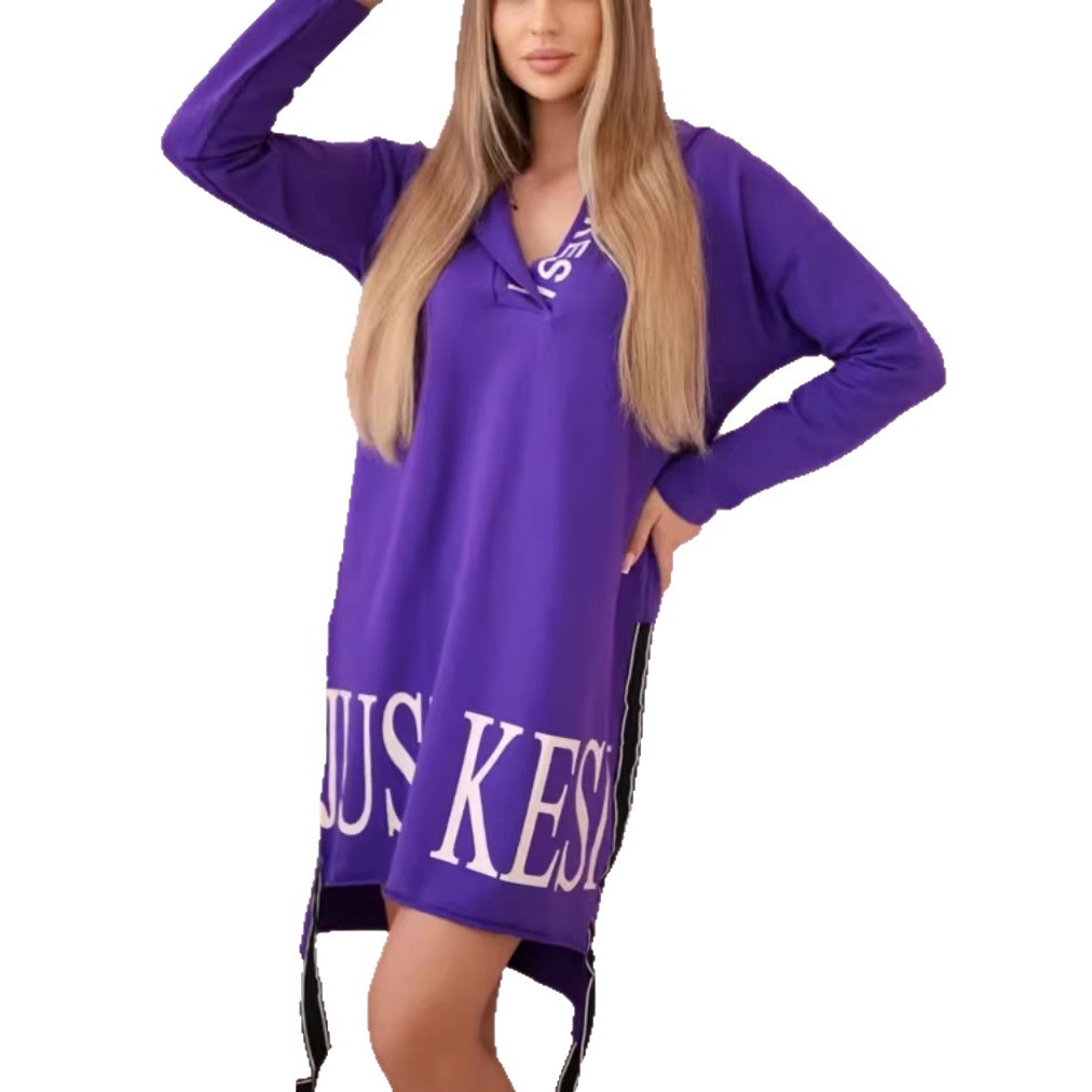 Womens Hooded Sporty Chic Casual Solid-Color Printed Dress
