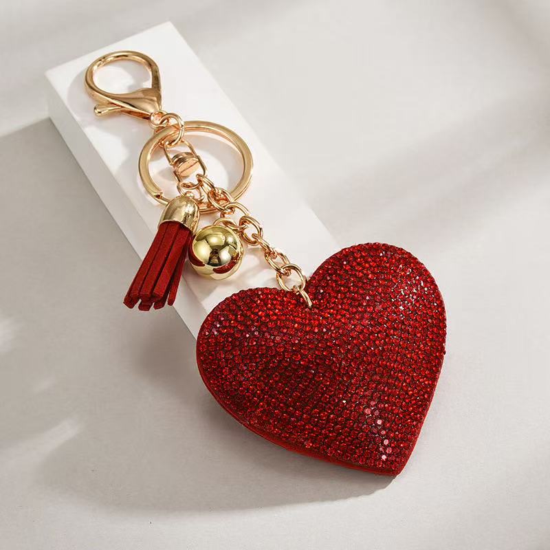 Heart-shaped Rhinestone Leather Keychain With Tassels