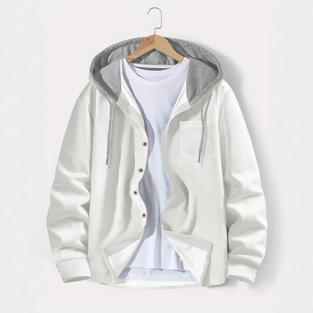 Men's Waffle-Weave Colorblock Button-Front Hooded Casual Cardigan Coat