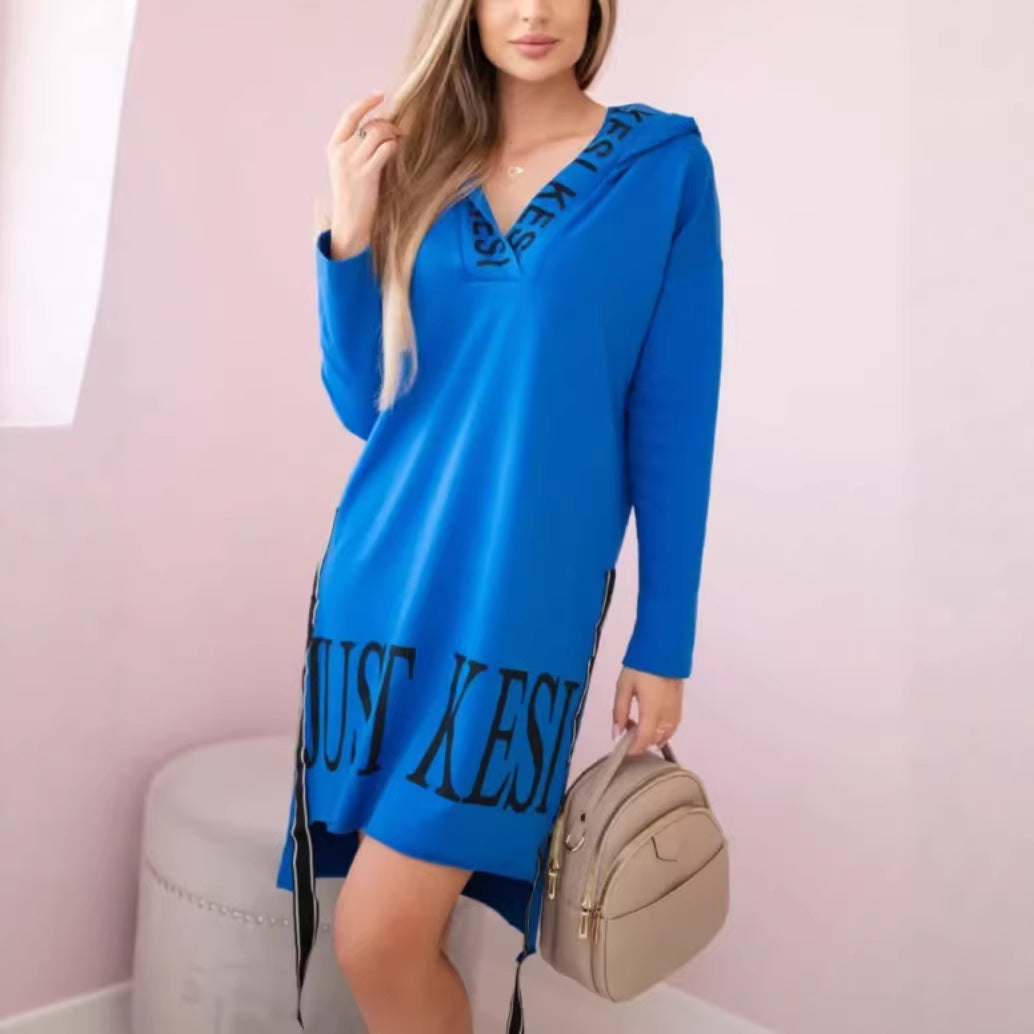 Womens Hooded Sporty Chic Casual Solid-Color Printed Dress